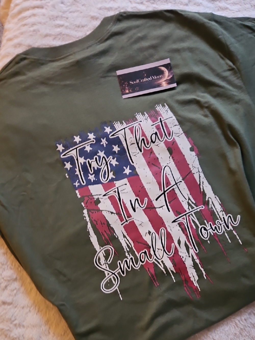 Gildan Olive Green Short Sleeve Tee with Distressed American Flag Graphic